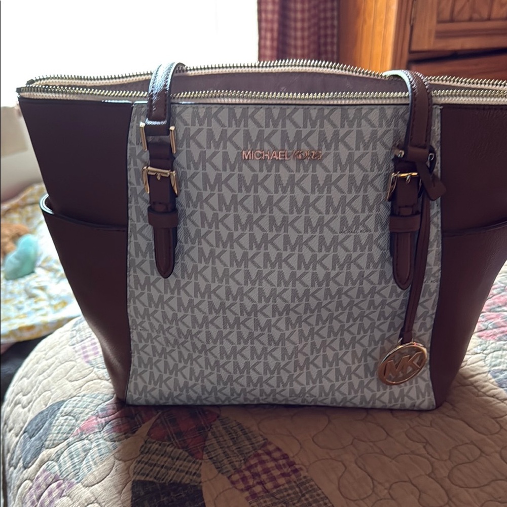 Michael Kors Brown and Cream Tote Bag with Signature Monogram